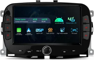 XTRONS Single Din Car Stereo for Fiat 500 2016-2020, Android 13 Octa Core 4GB RAM 64GB ROM Car Radio, 7” IPS Touch Screen GPS Navigation for Car Bluetooth Head Unit DSP Car Play Android Auto 4G LTE