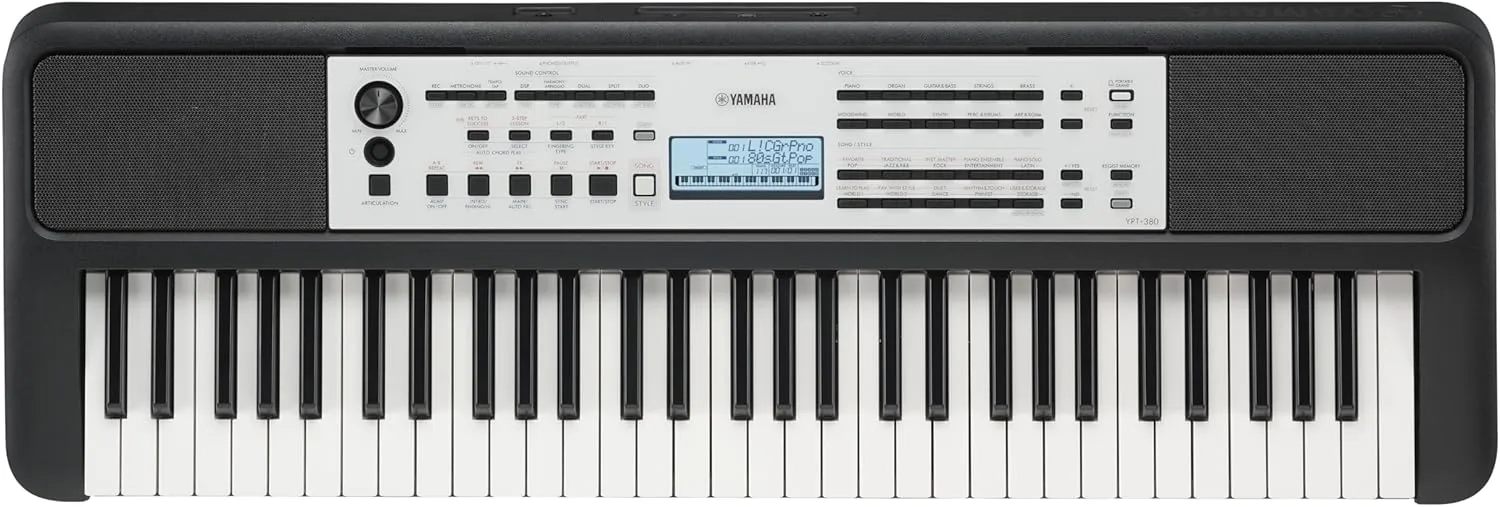 Yamaha YPT-380 61-Key Touch Sensitive Portable Keyboard, Grand Piano Sound, Acoustic Piano Touch with Power Adapter YPT380