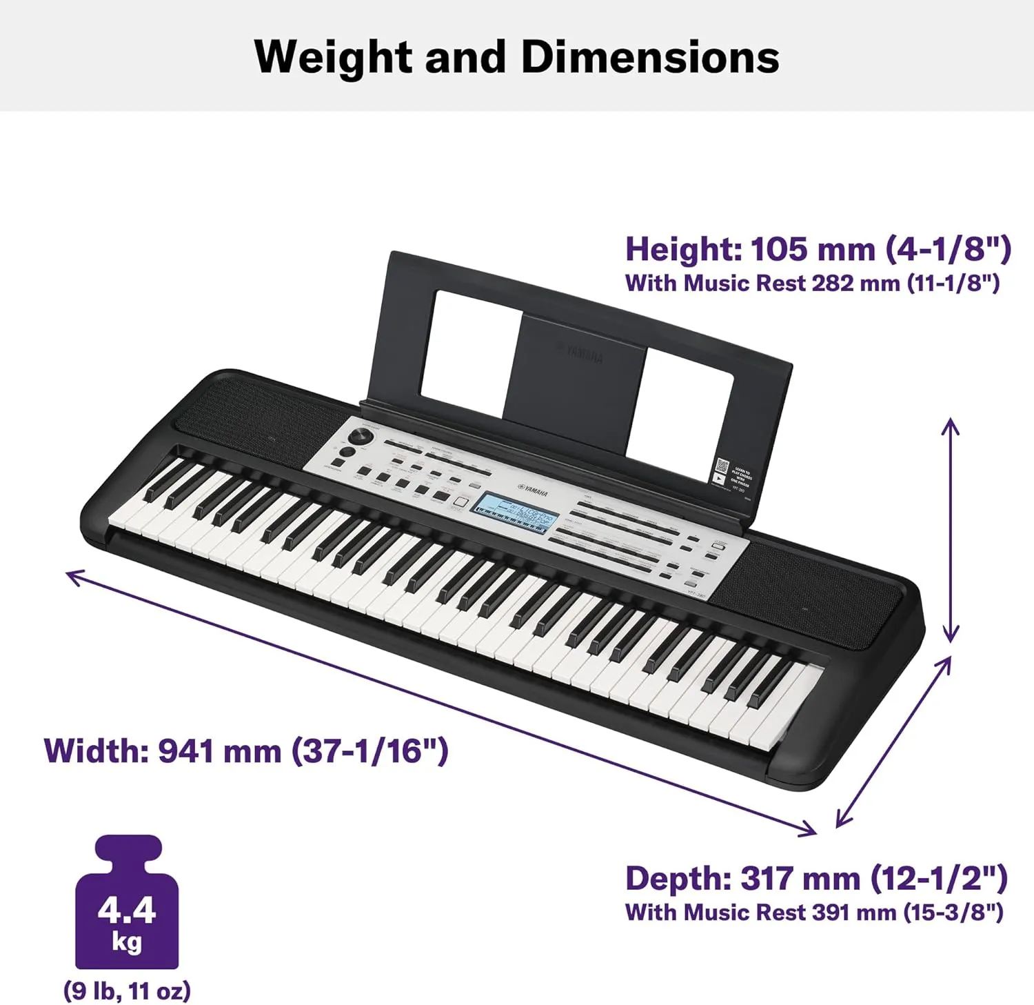 Yamaha YPT-380 61-Key Touch Sensitive Portable Keyboard, Grand Piano Sound, Acoustic Piano Touch with Power Adapter YPT380