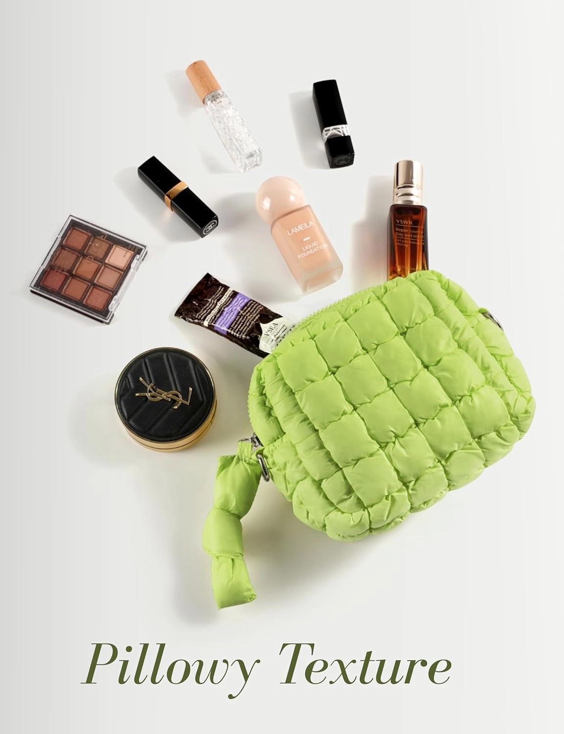 Yarnic Quilted Makeup Bag Quilt Cosmetic Bag, Puffy Travel Toiletry Bag for Women, Cute Makeup Bag Organizer Puffer Soft Makeup Pouch (Apple Green, S)