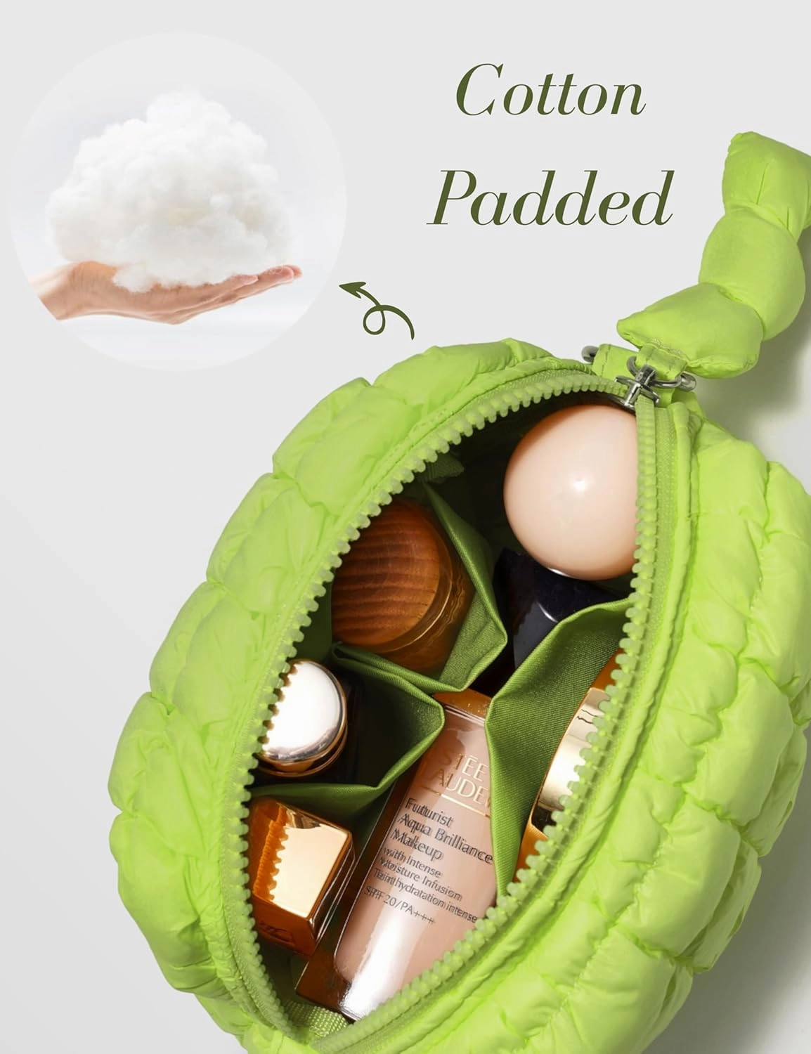 Yarnic Quilted Makeup Bag Quilt Cosmetic Bag, Puffy Travel Toiletry Bag for Women, Cute Makeup Bag Organizer Puffer Soft Makeup Pouch (Apple Green, S)