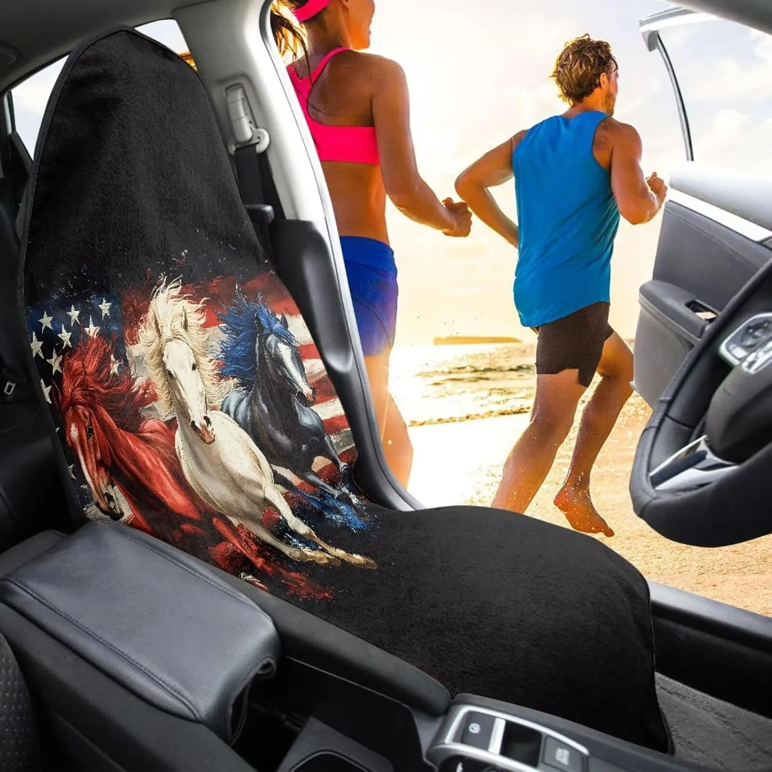 Yewattles American Flag Horse Car Seat Cover Waterproof Protector for Gym Beach Swimming Hiking Running Workout Outdoor Non-Slip Universal Fit Car Van SUV Truck