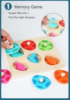 YHZAN 3D Cartoon Dinosaur Wooden Shape Puzzle Montessori Material for Kids 1 Year Old Fine Motor Skills Development Color Sorting Toy Memory Game for Todder