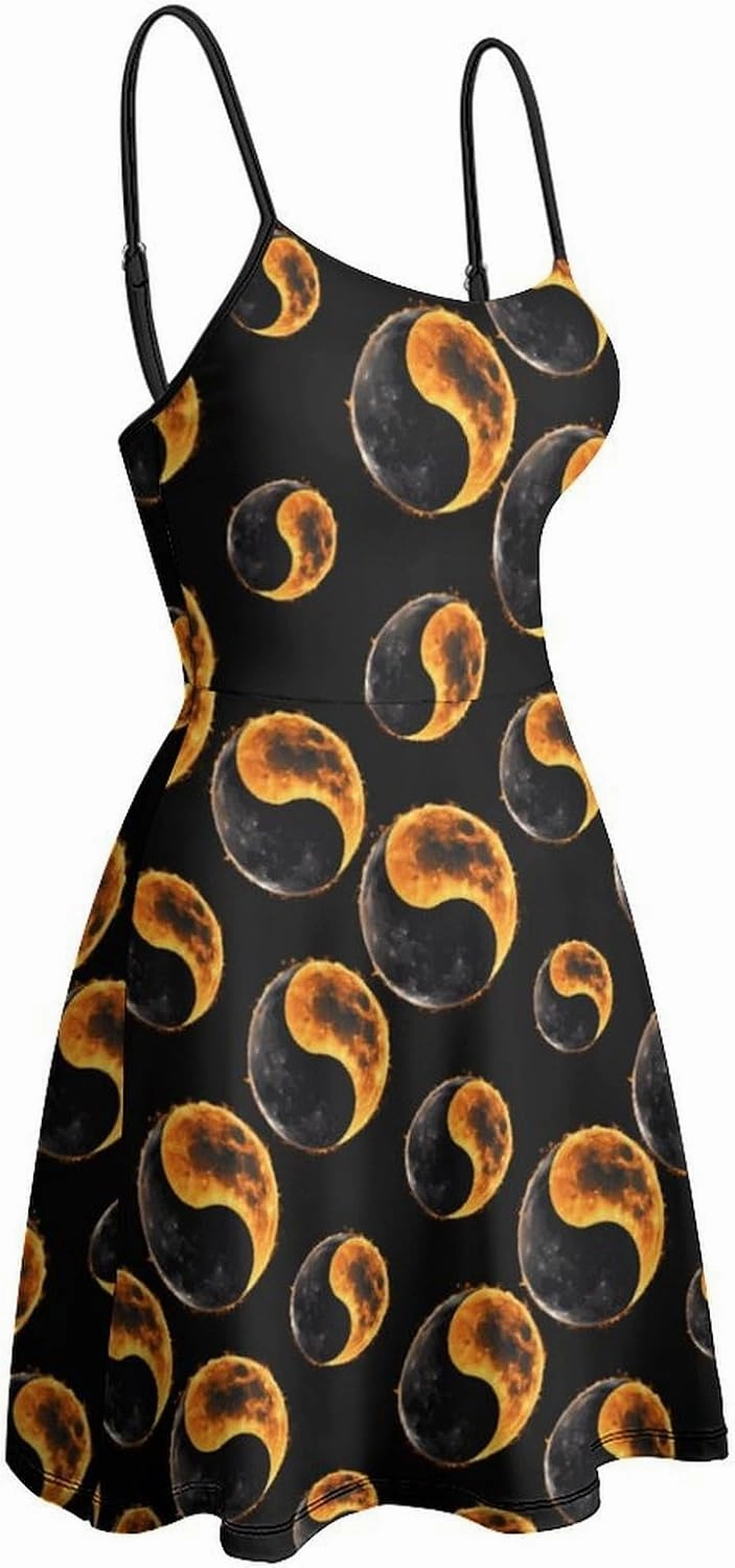 Yin and Yang Total Solar Eclipse Spaghetti Strap Dresses for Women Sleeveless Short Mini Summer Beach Sundress
