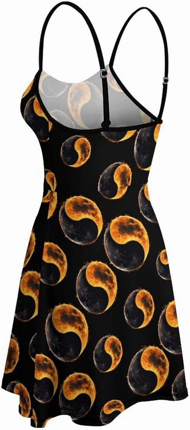 Yin and Yang Total Solar Eclipse Spaghetti Strap Dresses for Women Sleeveless Short Mini Summer Beach Sundress