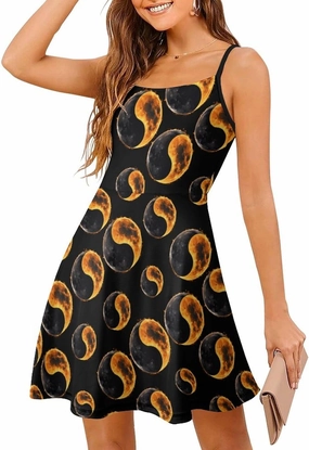 Yin and Yang Total Solar Eclipse Spaghetti Strap Dresses for Women Sleeveless Short Mini Summer Beach Sundress