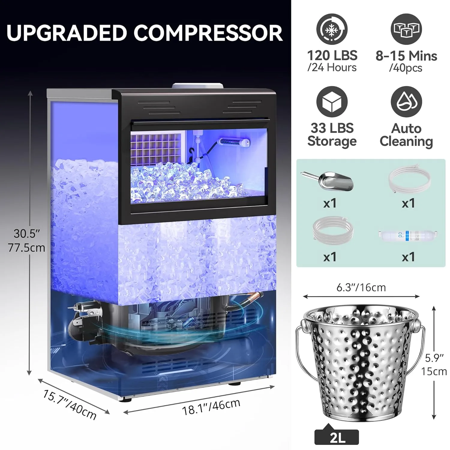 YITAHOME Top Loading Commercial Ice Maker Machine 120LBS with 33LBS Storage Bin, 2 Way Water Inlet, Stainless Steel Ice Maker Under Counter with Ice Scoop, Ice Bucket for Home Bar Office Party