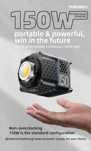 YN150 Mini Size LED Video Light 150W, 3200K-5600K Color tempreture Mini Bowens Mount Professional LED Video Light, 2.4G APP Remote Control, Support NP-F Series Batteries with YONGNUO Music Scene Mode