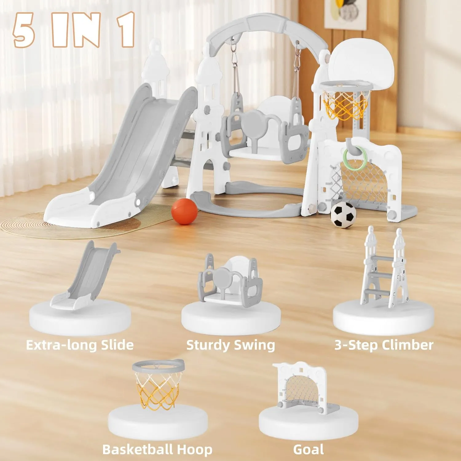 YUFU 5-in-1 Toddler Swing and Slide Set, Kids Slide with Climber, Swing, Basketball Hoop, Soccer Goal, Indoor Outdoor Playset for Toddlers Age 1-3 (Gray)