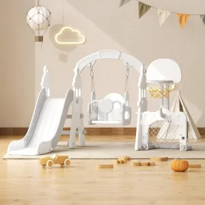 YUFU 5-in-1 Toddler Swing and Slide Set, Kids Slide with Climber, Swing, Basketball Hoop, Soccer Goal, Indoor Outdoor Playset for Toddlers Age 1-3 (Gray)