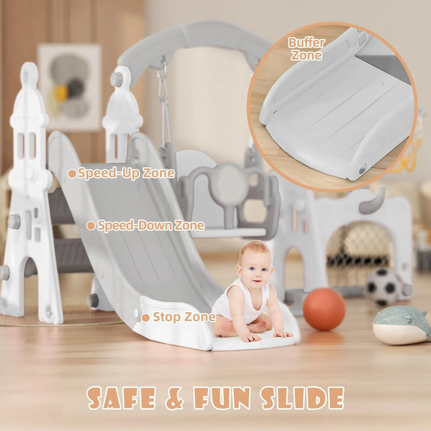 YUFU 5-in-1 Toddler Swing and Slide Set, Kids Slide with Climber, Swing, Basketball Hoop, Soccer Goal, Indoor Outdoor Playset for Toddlers Age 1-3 (Gray)