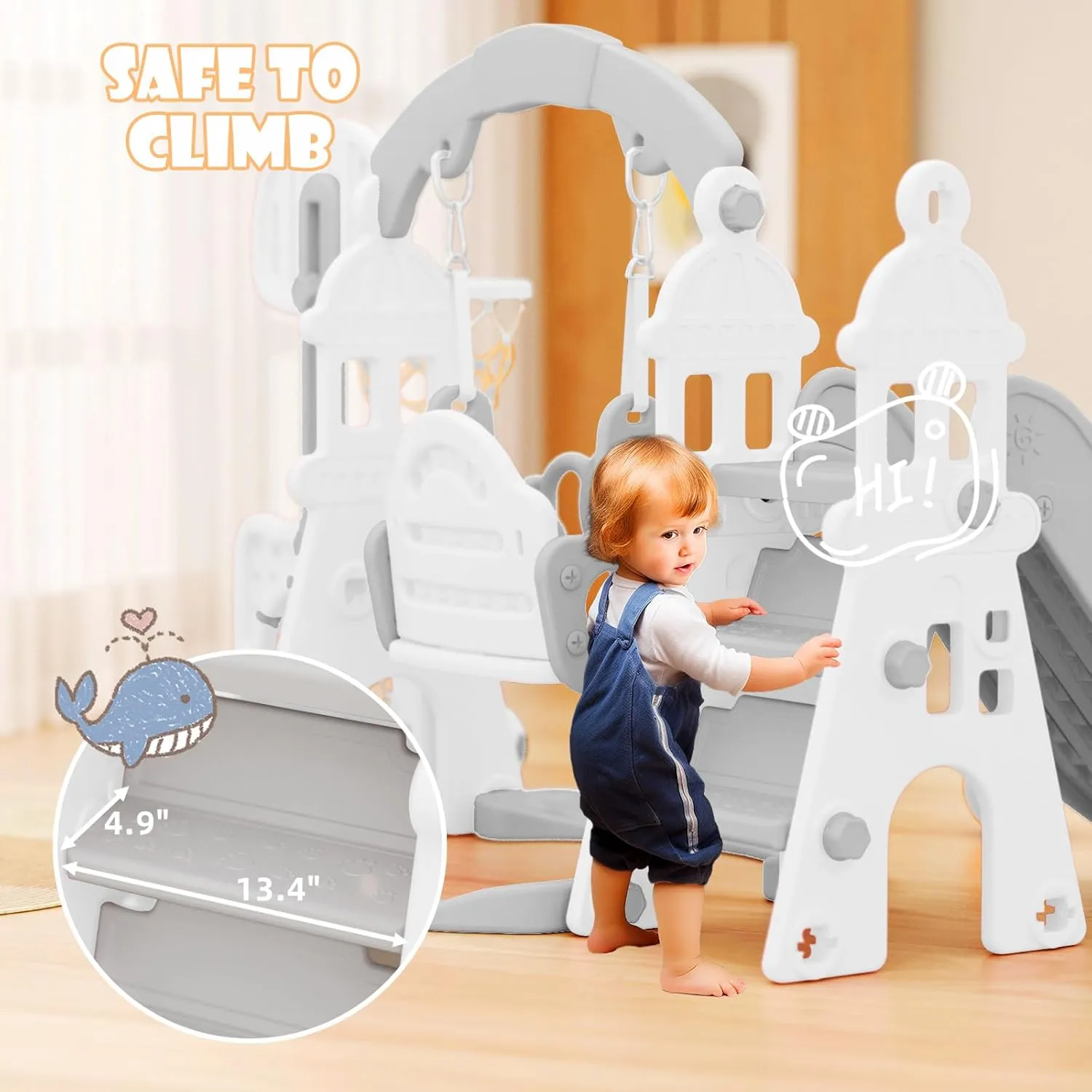 YUFU 5-in-1 Toddler Swing and Slide Set, Kids Slide with Climber, Swing, Basketball Hoop, Soccer Goal, Indoor Outdoor Playset for Toddlers Age 1-3 (Gray)