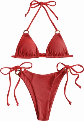 ZAFUL Women's Halter Triangle Bikini Ribbed String Smocked Swimwear Cheeky Thong Swimsuit High Cut Bikini Set