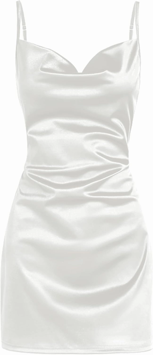 ZAFUL Women's Satin Sleeveless Spaghetti Strap Mini Dress Sexy Slip Cowl Neck Silky Cocktail Party Dresses