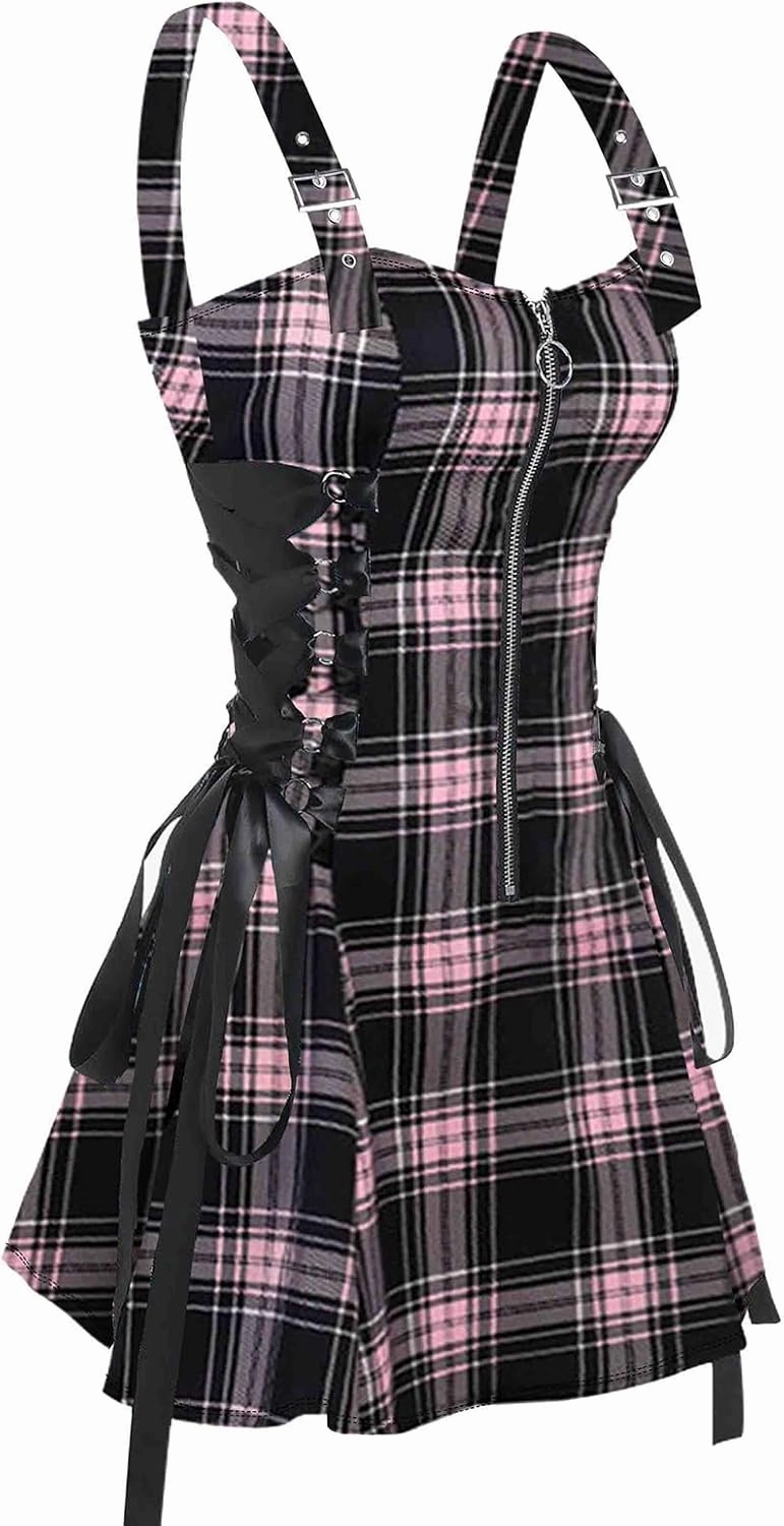 ZAFUL Women's Vintage Plaid Lace Up A Line Dress Half Zipper Adjustable Buckle Strap Sleeveless Dresses