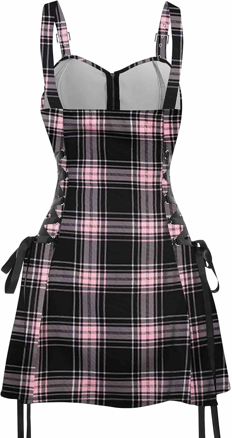 ZAFUL Women's Vintage Plaid Lace Up A Line Dress Half Zipper Adjustable Buckle Strap Sleeveless Dresses