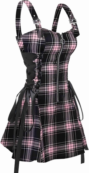 ZAFUL Women's Vintage Plaid Lace Up A Line Dress Half Zipper Adjustable Buckle Strap Sleeveless Dresses